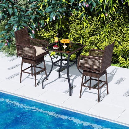 360° Swivel Bar Stool 29in brown wicker with cream cushion and armrests, pair by glass-top table DirectDeals on Tampa Home & Garden Store