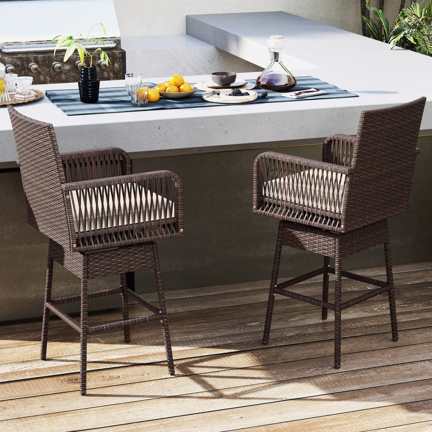2x 360° Swivel Bar Stool 29in brown wicker with cushion & armrests DirectDeals on Tampa Home & Garden Store