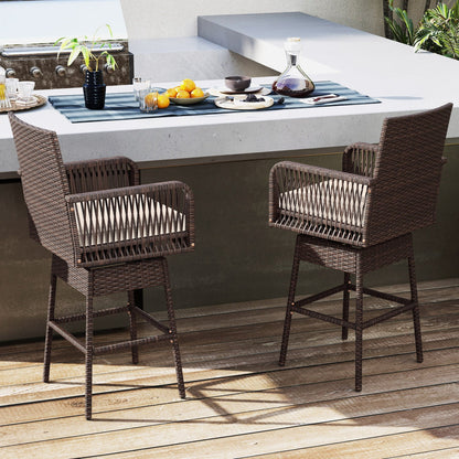 2x 360° Swivel Bar Stool 29in brown wicker with cushion & armrests DirectDeals on Tampa Home & Garden Store