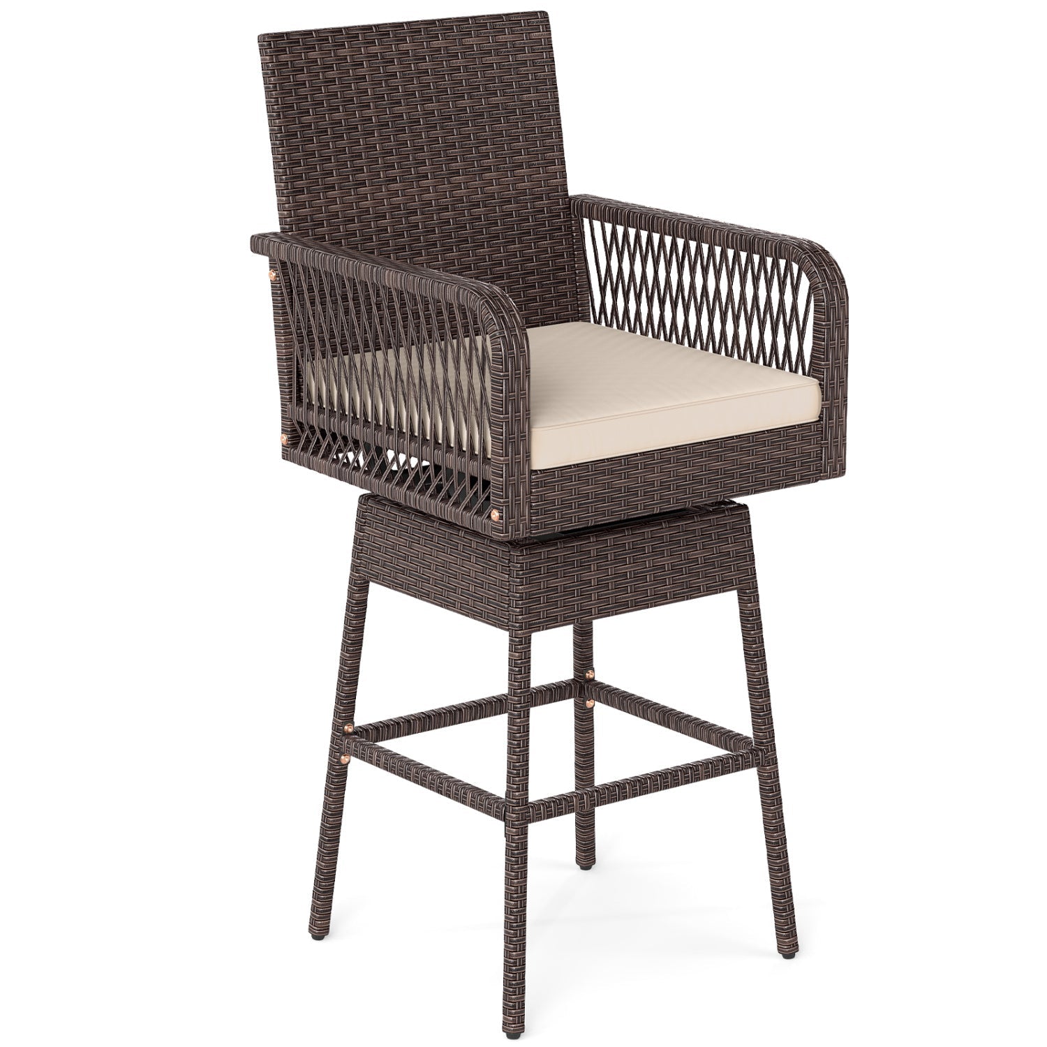 360° Swivel Bar Stool 29-in height brown wicker beige cushion armrests DirectDeals on Tampa Home & Garden Store