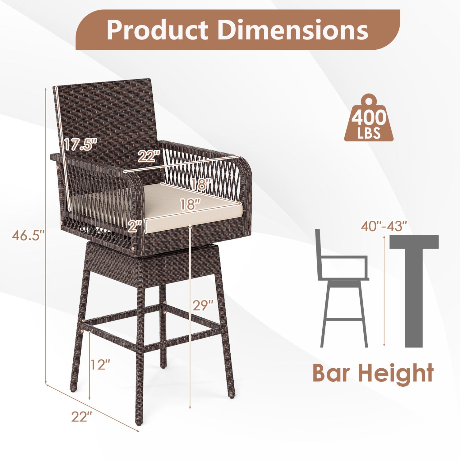 360° Swivel Bar Stool 29in with cushion and armrests, DirectDeals, dark brown wicker on Tampa Home & Garden Store