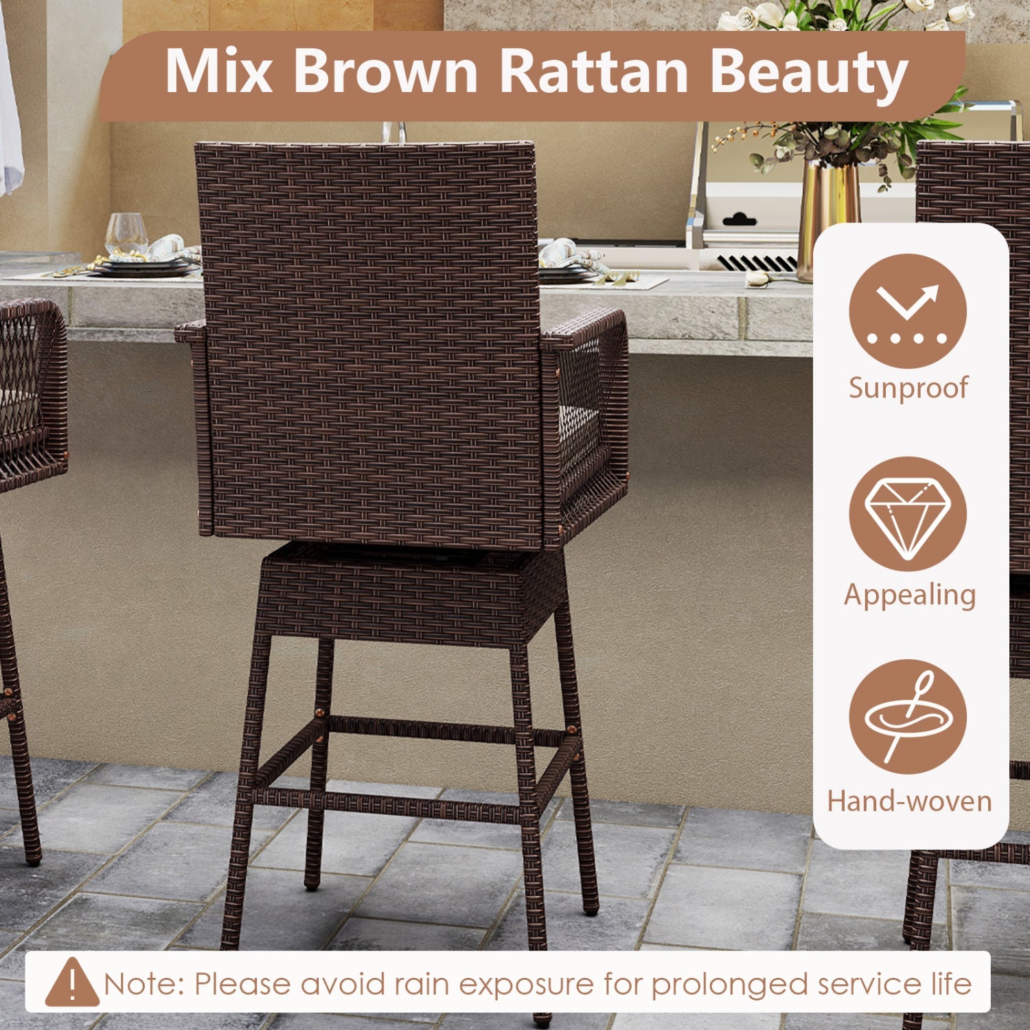 360° Swivel Bar Stool 29in brown hand-woven rattan with cushion and armrests DirectDeals on Tampa Home & Garden Store