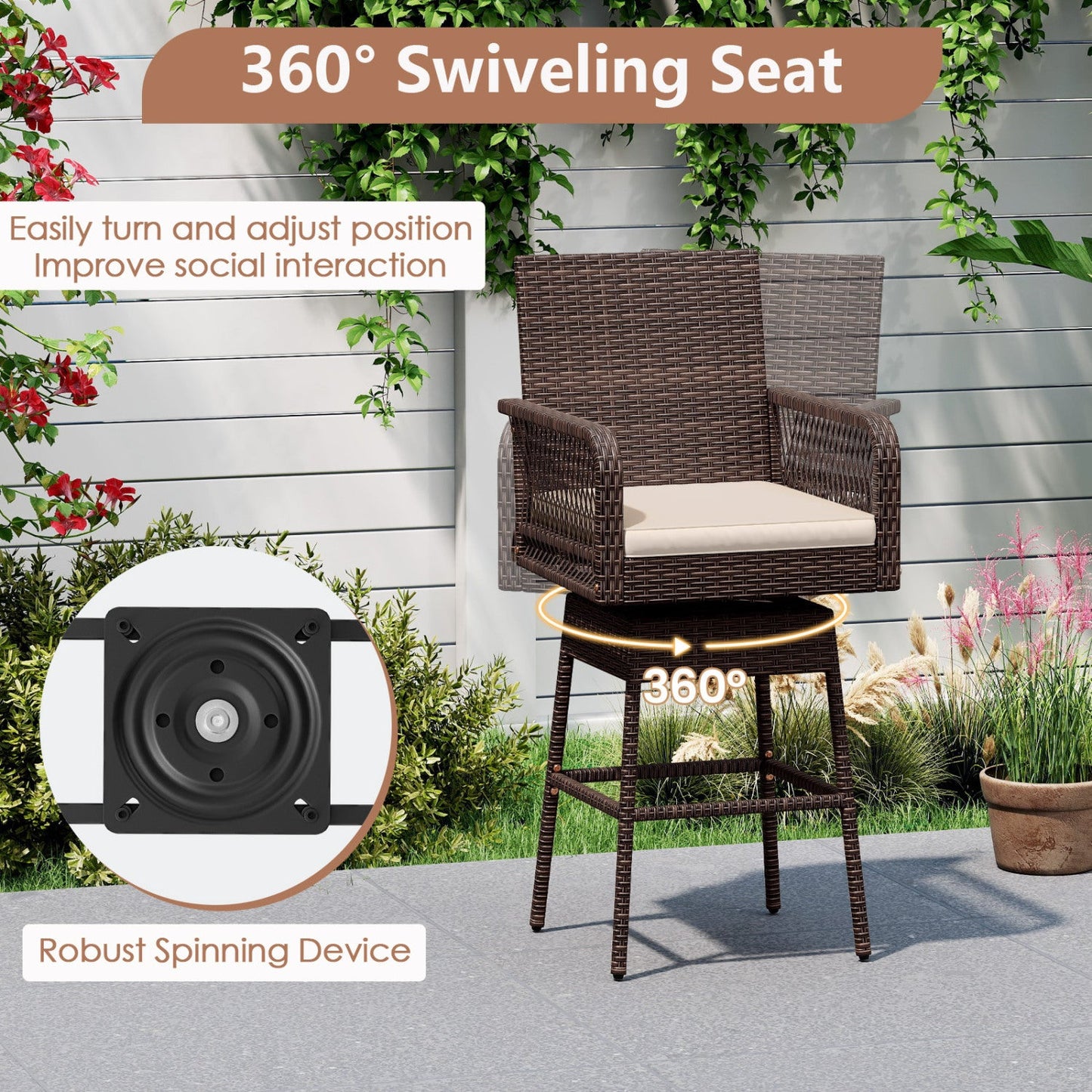 360° Swivel Bar Stool, brown wicker with beige cushion, 29-inch height, armrests, 2-pack on Tampa Home & Garden Store