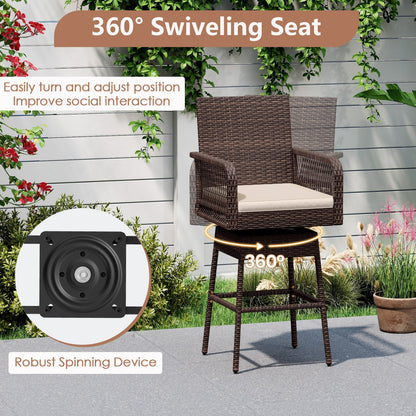 360° Swivel Bar Stool, brown wicker with beige cushion, 29-inch height, armrests, 2-pack on Tampa Home & Garden Store