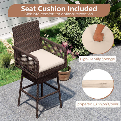 360° Swivel Bar Stool 29 in Height with Cushion & Armrests brown wicker with cream cushion on Tampa Home & Garden Store