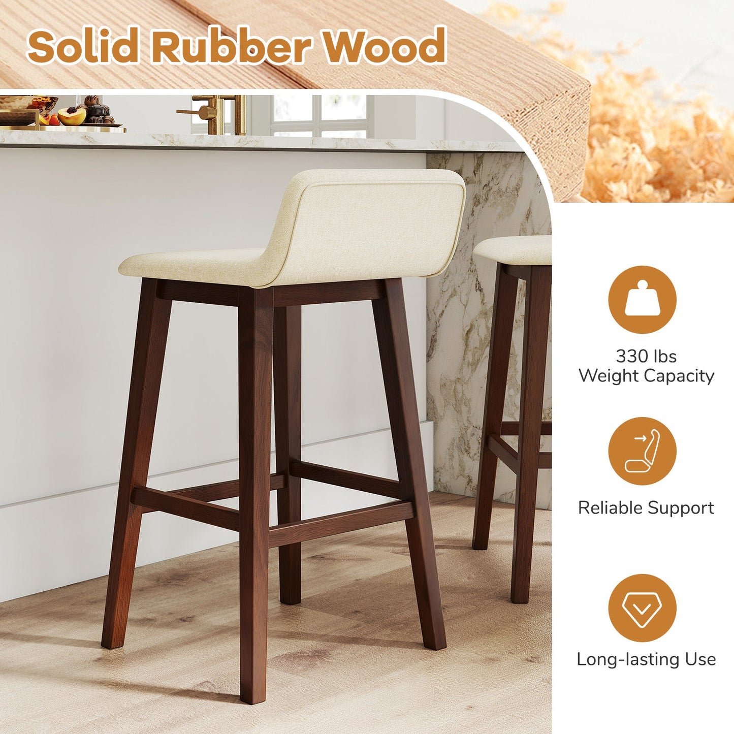 29 Inch Low-Back High-Top Chairs with Padded Seat and Rubber Wood Legs