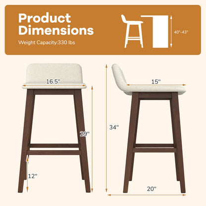 29 Inch Low-Back High-Top Chairs with Padded Seat and Rubber Wood Legs