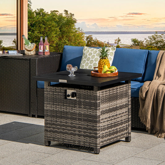 29 Inch Propane Rattan Firepit Table with Lava Rocks and Protective Cover-Gray