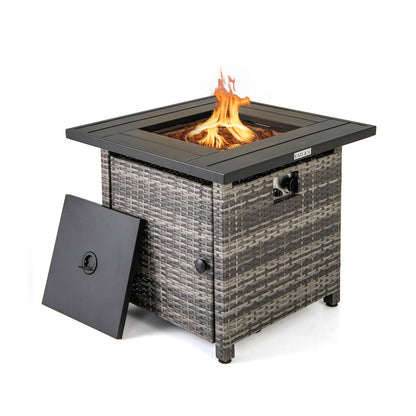 Mesa de fogata de propano de ratán de 29 pulgadas con rocas de lava y cubierta protectora-Gris