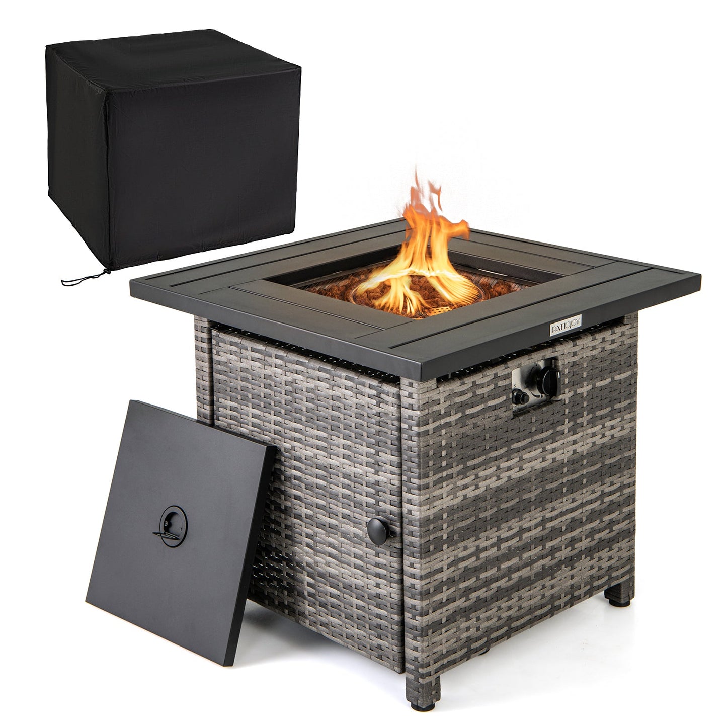 Mesa de fogata de propano de ratán de 29 pulgadas con rocas de lava y cubierta protectora-Gris