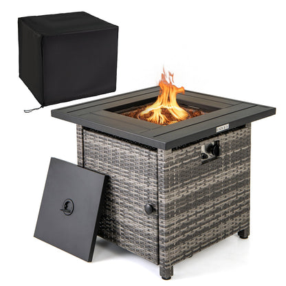 Mesa de fogata de propano de ratán de 29 pulgadas con rocas de lava y cubierta protectora-Gris