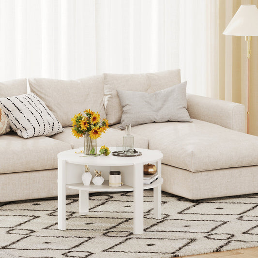 29.5 Inch Round Coffee Table with Storage Shelves for Small Space-White - Tampa Home & Garden Store