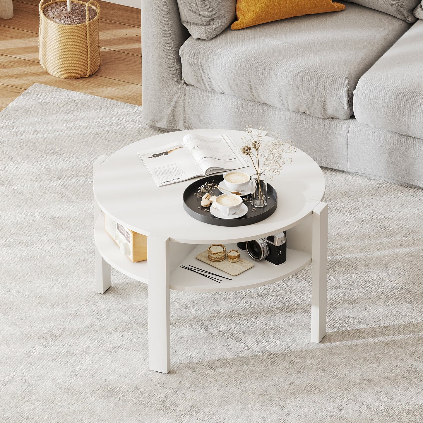 29.5 Inch Round Coffee Table with Storage Shelves for Small Space-White