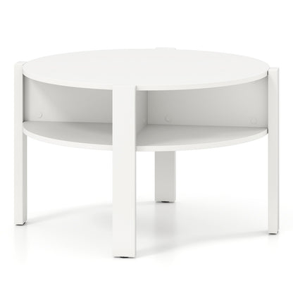 29.5 Inch Round Coffee Table with Storage Shelves for Small Space-White