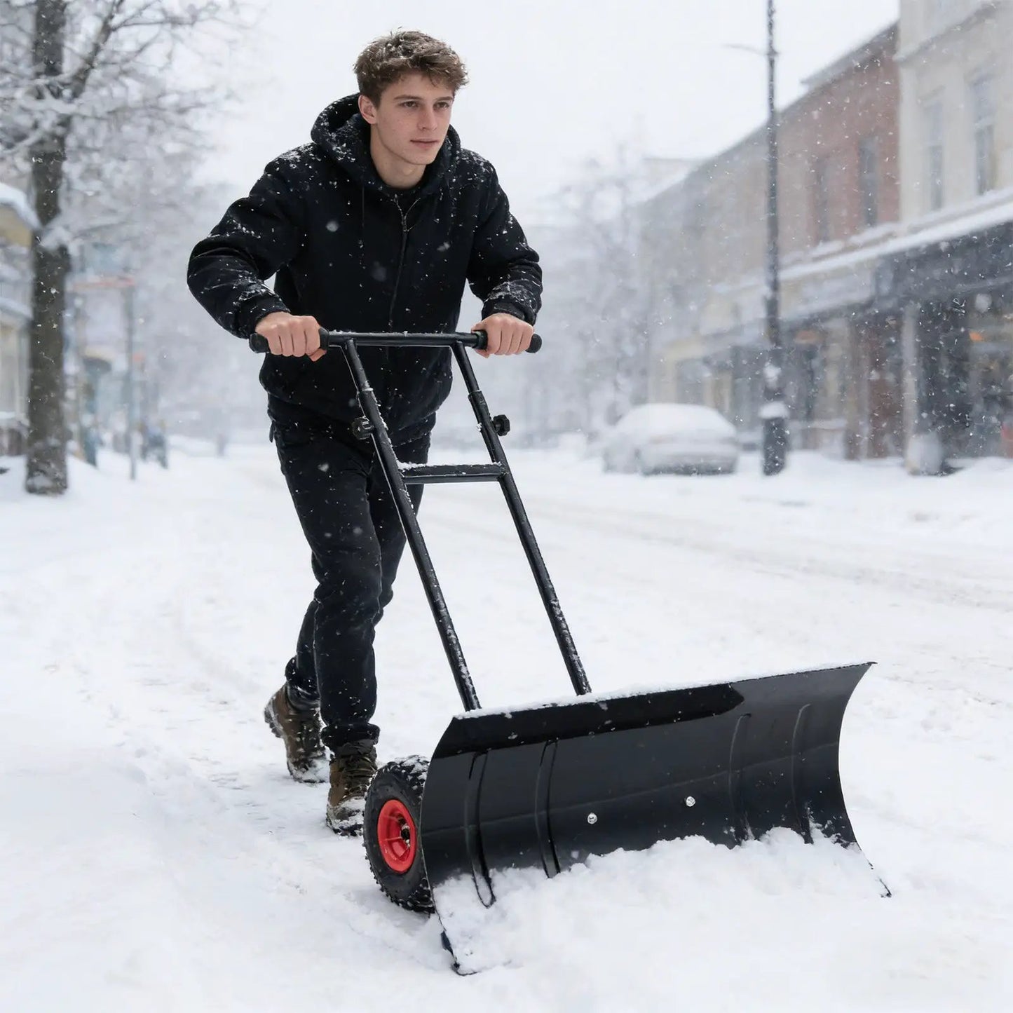 Snow Pusher 29 Inch by DirectDeals wheels, adjustable handle, black metal shovel pushing snow on Tampa Home & Garden Store