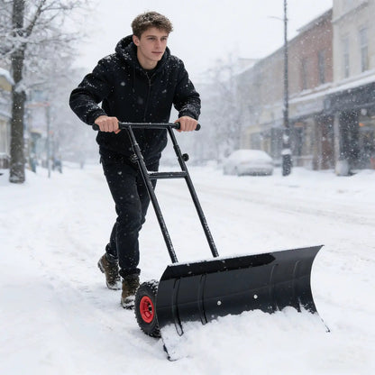 Snow Pusher 29 Inch by DirectDeals wheels, adjustable handle, black metal shovel pushing snow on Tampa Home & Garden Store