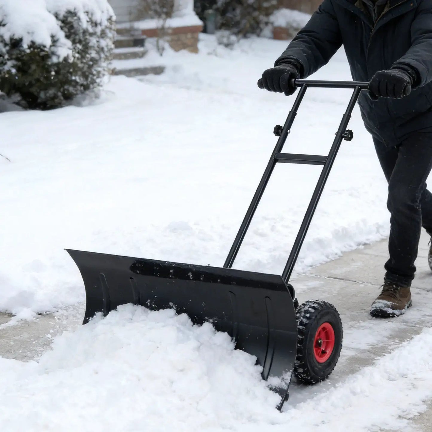 29 inch snow pusher with wheels, black metal shovel, adjustable handle DirectDeals on Tampa Home & Garden Store
