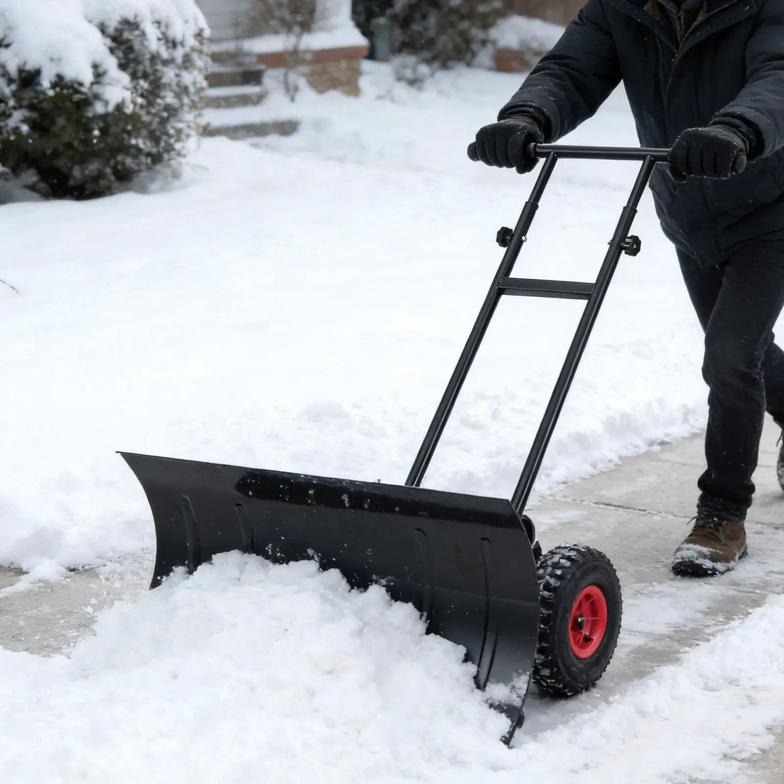 29 inch snow pusher with wheels, black metal shovel, adjustable handle DirectDeals on Tampa Home & Garden Store