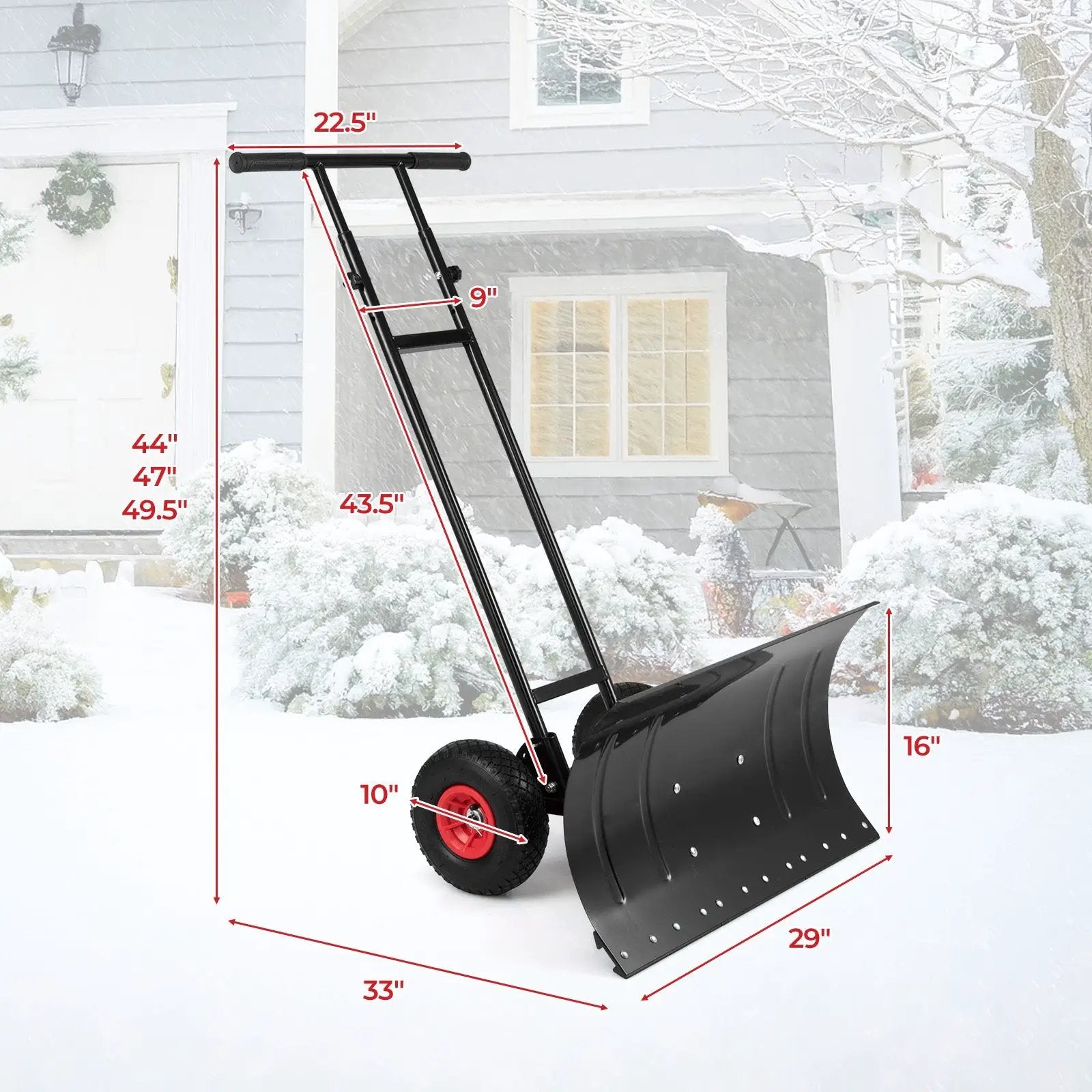 29 Inch Snow Pusher DirectDeals metal shovel with wheels and adjustable black handle on Tampa Home & Garden Store