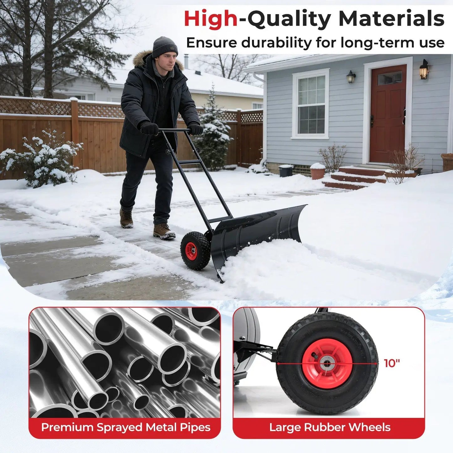 29 Inch Snow Pusher heavy duty metal shovel with wheels and adjustable handle black DirectDeals on Tampa Home & Garden Store