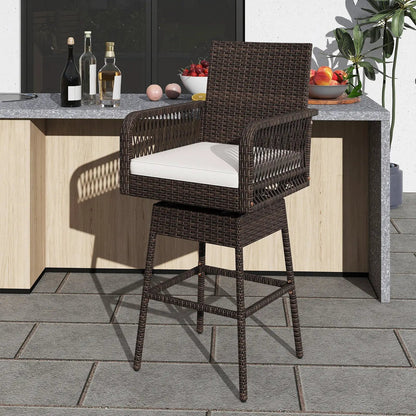 29 Inch patio 360 swivel bar stool with crosswoven arms and white cushion, dark wicker on Tampa Home & Garden Store