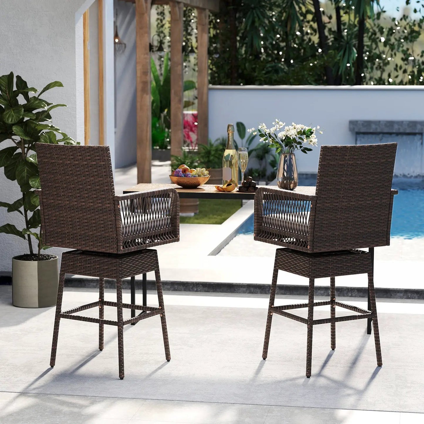 Two brown wicker 29-inch bar stools with cross-woven arms, 360° swivel on Tampa Home & Garden Store