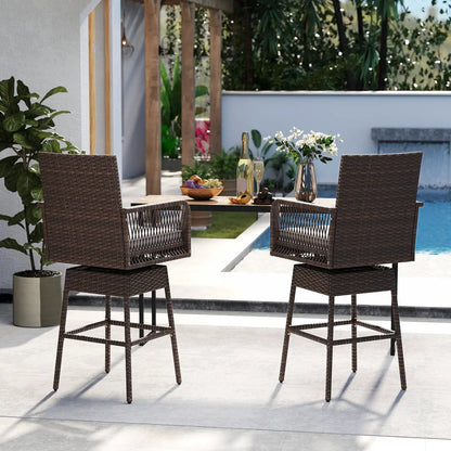Two brown wicker 29-inch bar stools with cross-woven arms, 360° swivel on Tampa Home & Garden Store