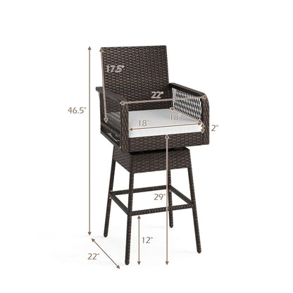 DirectDeals 29-Inch brown wicker swivel bar stool with cross-woven arms and white cushion on Tampa Home & Garden Store