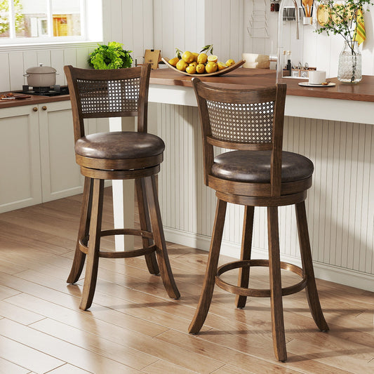 29 Inches Swivel Counter Height Barstool Set of 2 with Rattan Backrest and Footrest-Brown - Tampa Home & Garden Store