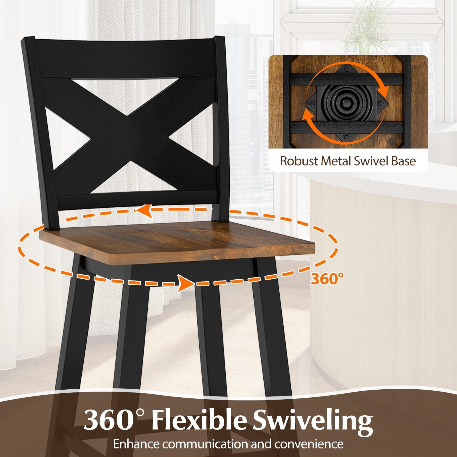 29" Rubberwood Swivel Barstools Set of 4 with Backrest and Large Seat - Tampa Home & Garden Store