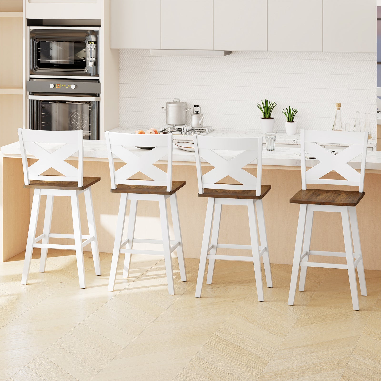 29" Rubberwood Swivel Barstools Set of 4 with Backrest and Large Seat - Tampa Home & Garden Store