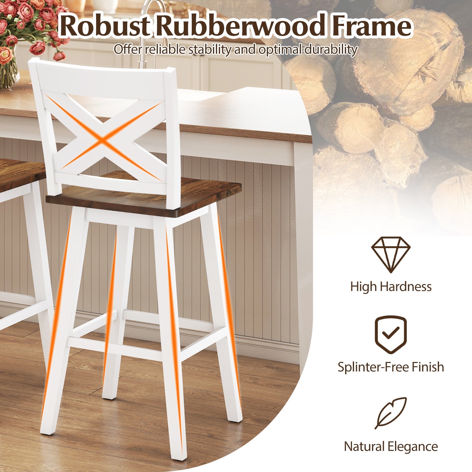 29" Rubberwood Swivel Barstools Set of 4 with Backrest and Large Seat - Tampa Home & Garden Store