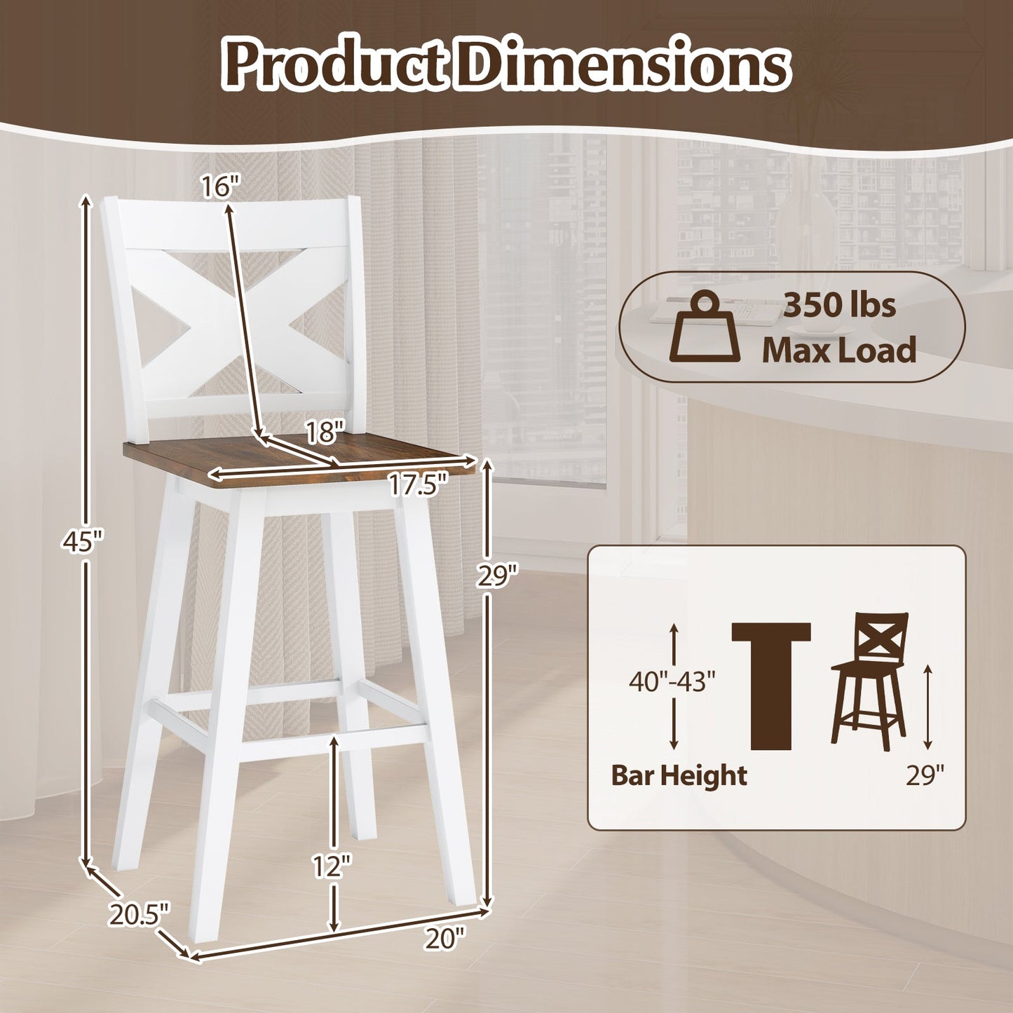 29" Rubberwood Swivel Barstools Set of 2 with Backrest and Large Seat