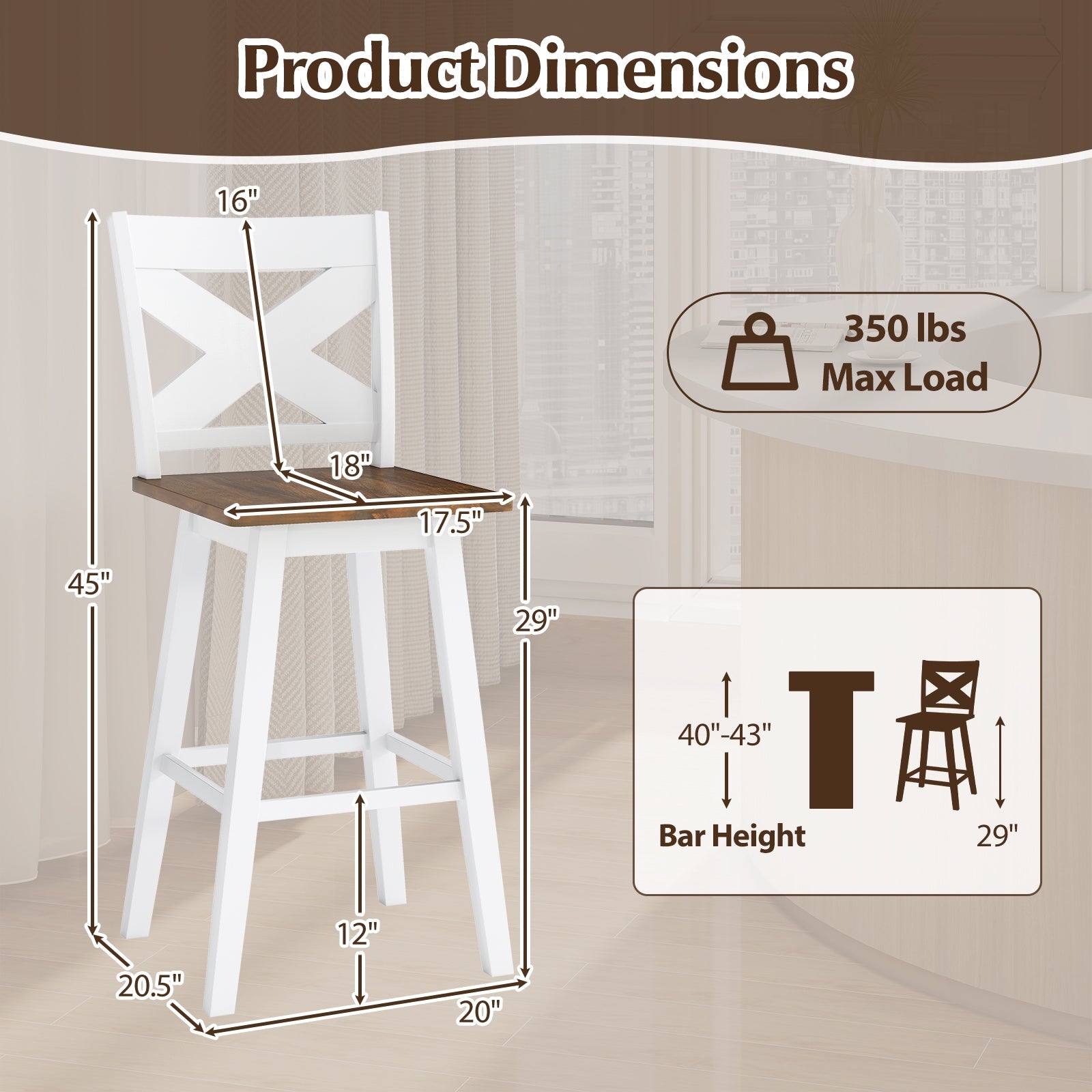 29" Rubberwood Swivel Barstools Set of 4 with Backrest and Large Seat - Tampa Home & Garden Store