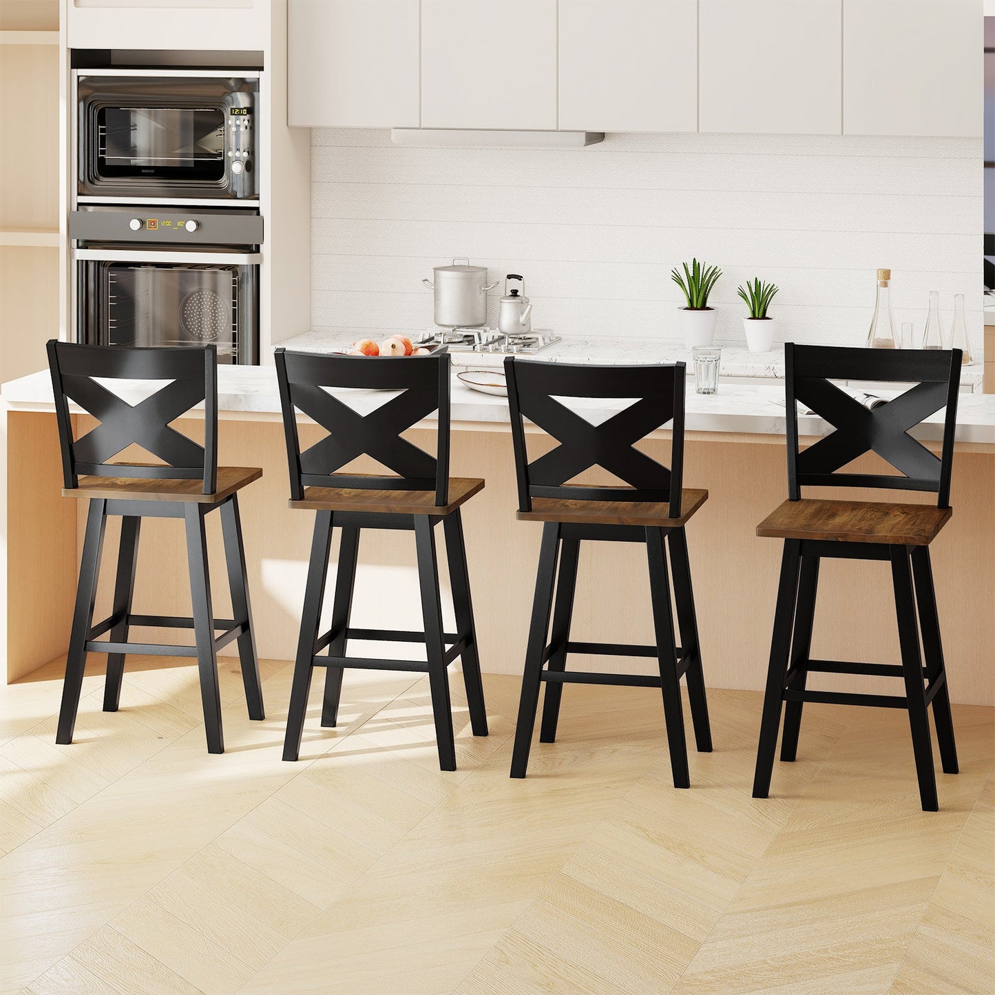 29" Rubberwood Swivel Barstools Set of 2 with Backrest and Large Seat