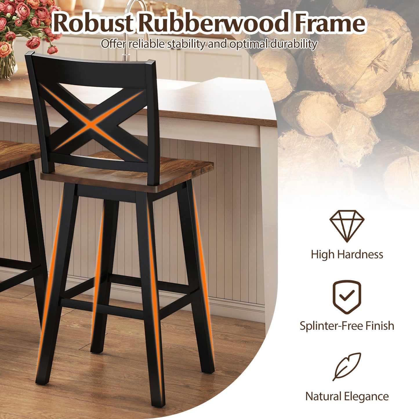 29" Rubberwood Swivel Barstools Set of 2 with Backrest and Large Seat