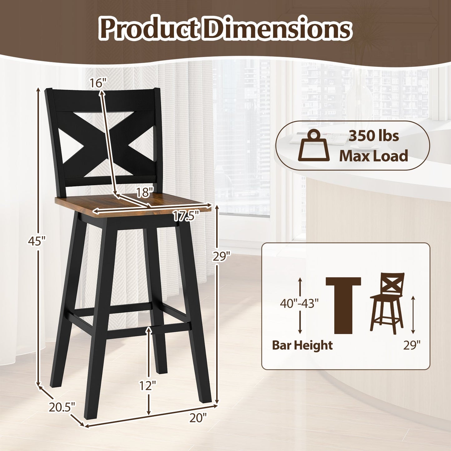 29" Rubberwood Swivel Barstools Set of 2 with Backrest and Large Seat