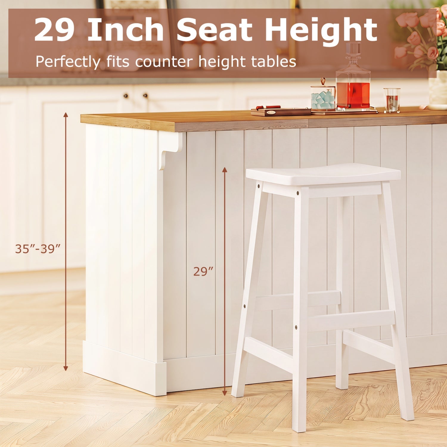 29-inch Saddle Seat Counter Height Stool Set of 2, white wood with footrests, DirectDeals on Tampa Home & Garden Store
