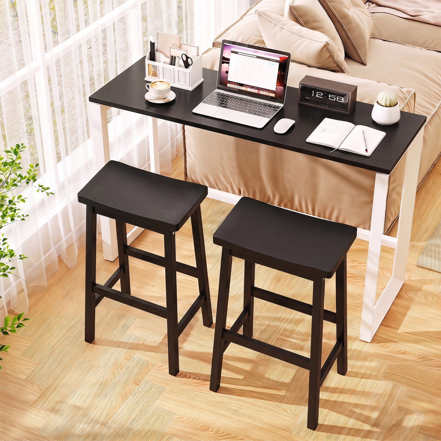 29in saddle-seat counter-height bar stools set of 2 with footrests in black wood on Tampa Home & Garden Store