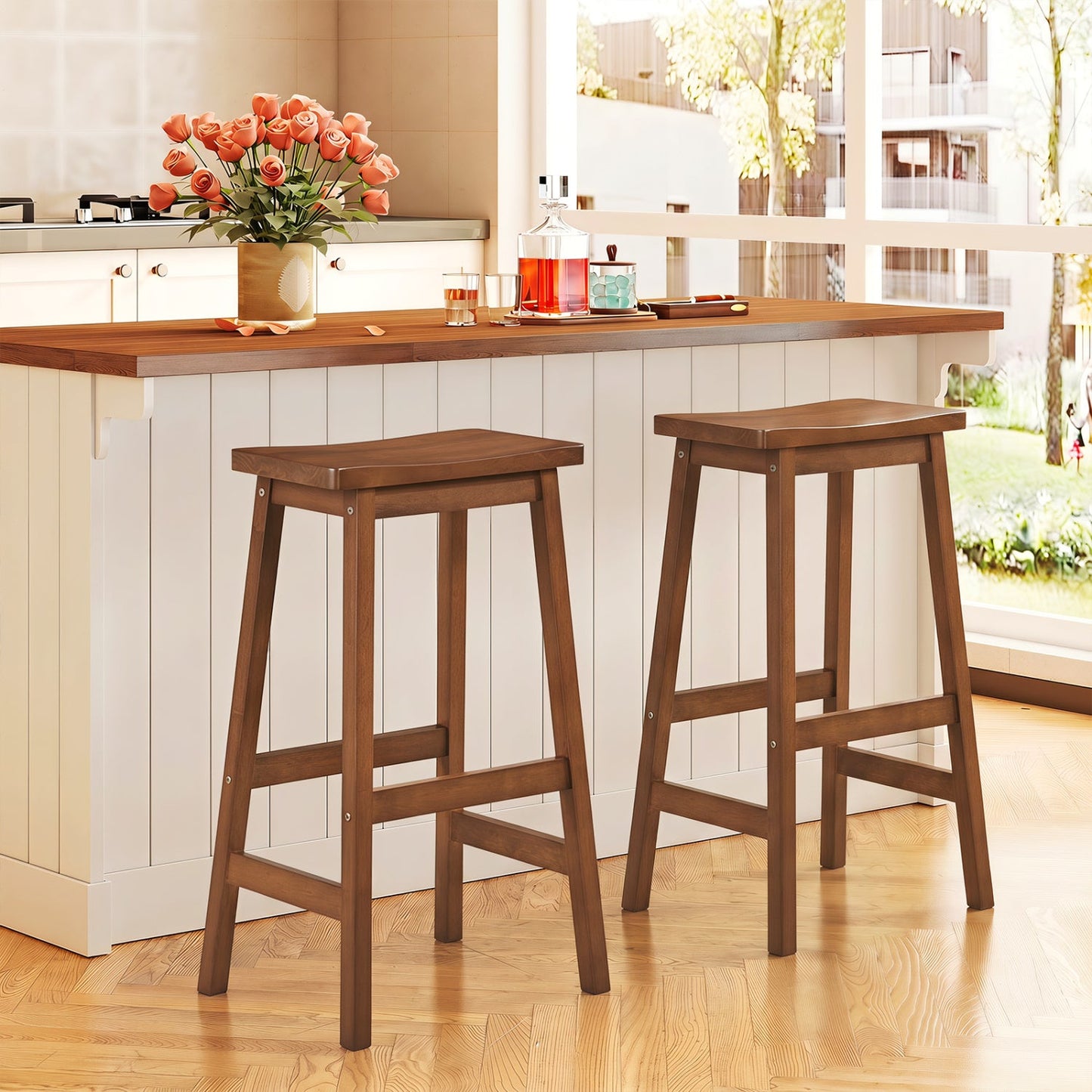 29in Saddle Seat Counter Height Stools Set of 2, brown wood with footrests DirectDeals on Tampa Home & Garden Store