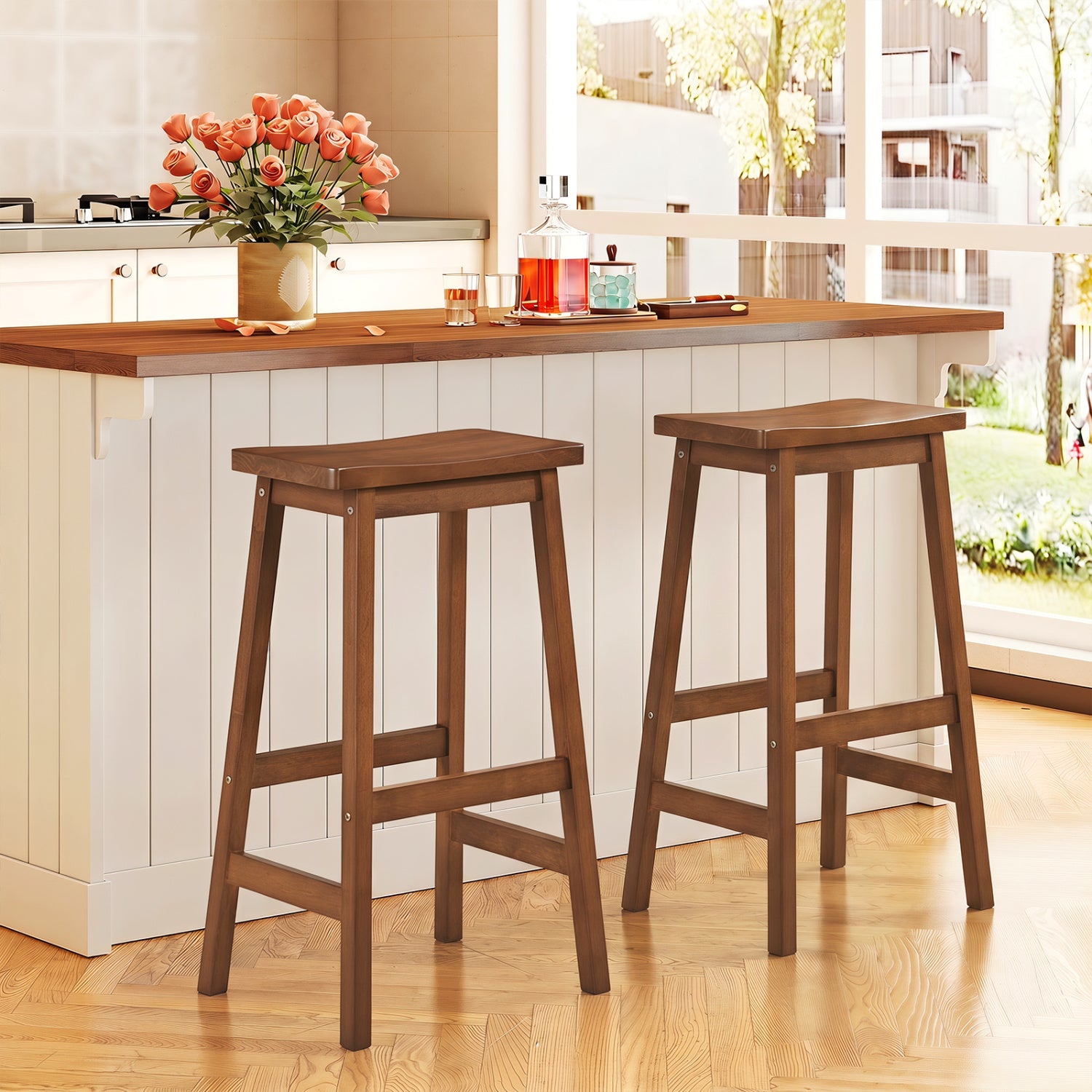 29in Saddle Seat Counter Height Stools Set of 2, brown wood with footrests DirectDeals on Tampa Home & Garden Store