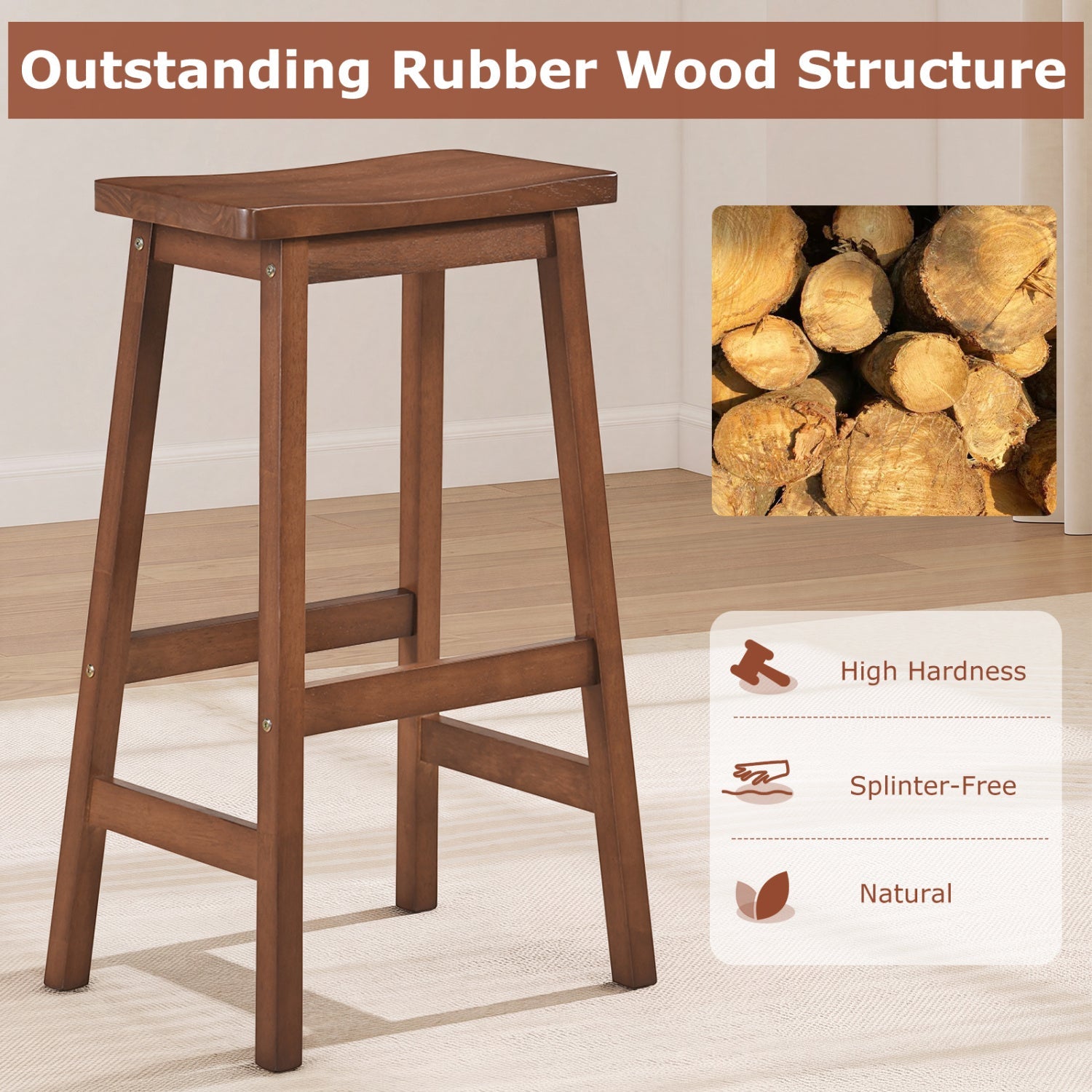 Bar stools 29in saddle-seat counter height set of 2, rubber wood brown with footrests DirectDeals on Tampa Home & Garden Store