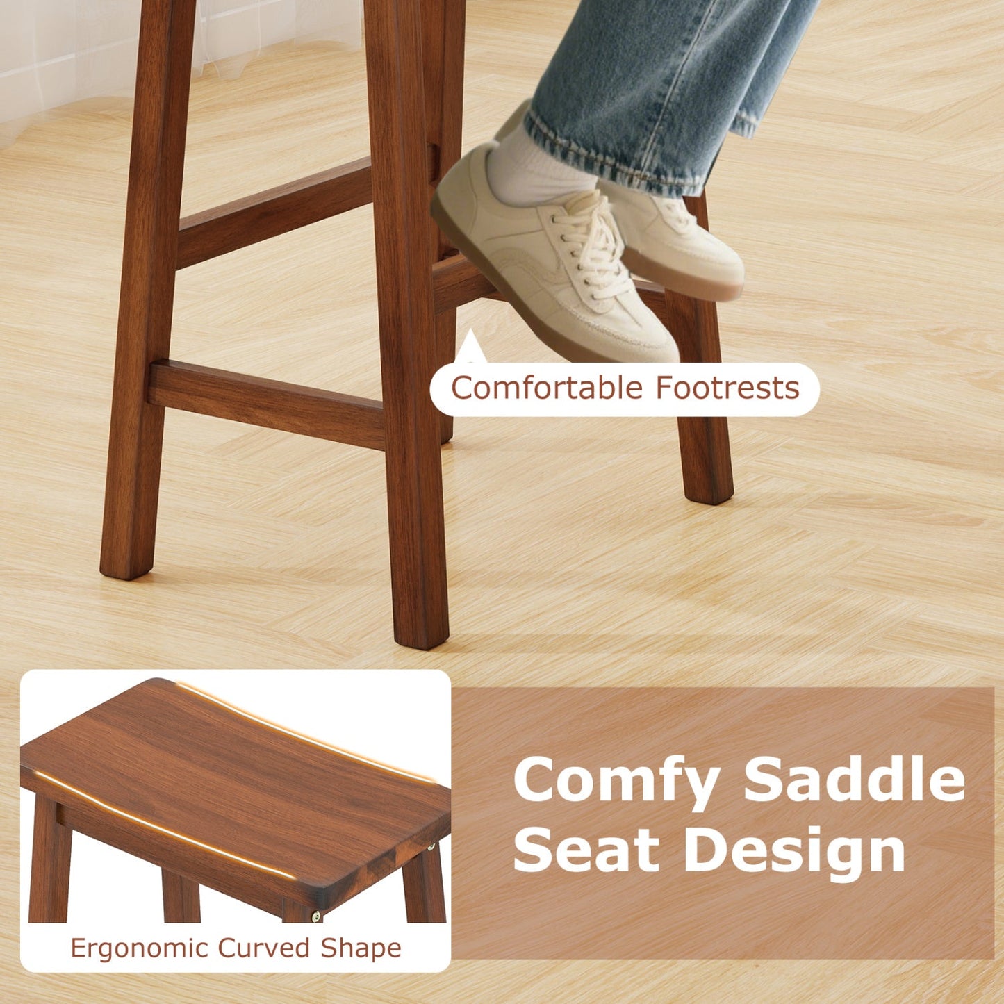 29in Saddle Seat Counter-Height Bar Stool set of 2 in warm brown wood with footrests on Tampa Home & Garden Store