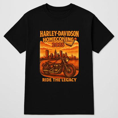Harley-Davidson Homecoming 2025 T-shirt in black with orange motorcycle graphic by BikerZoneZ on Tampa Home & Garden Store