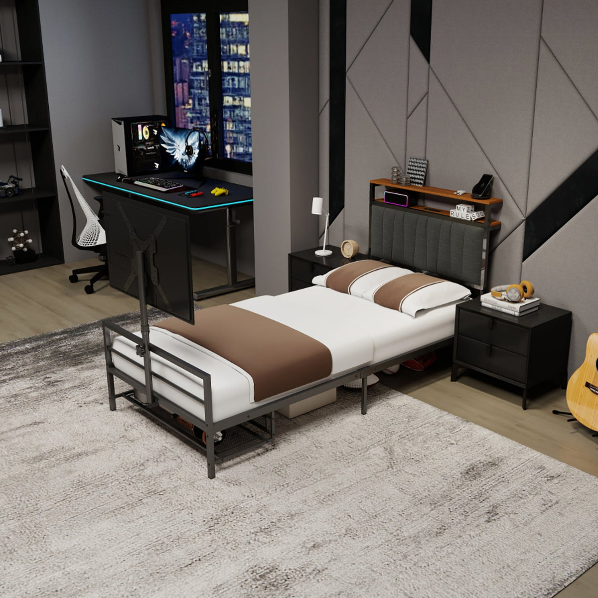 Twin size gaming bed by HouseOfZazla with rotating TV mount and LED lighting on Tampa Home & Garden Store