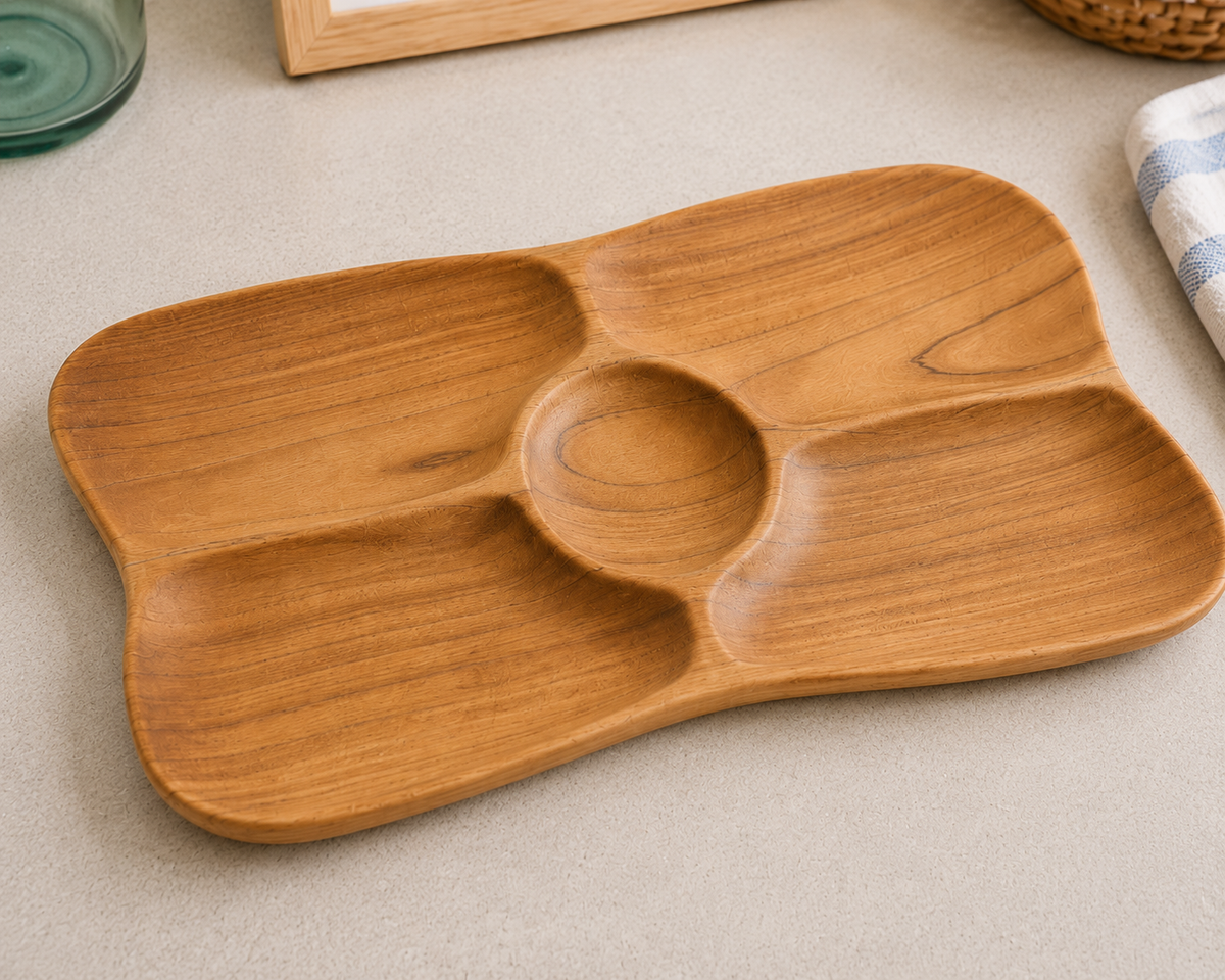 Teak serving tray with circular center dish and four compartments by The Broward Design Center on Tampa Home & Garden Store