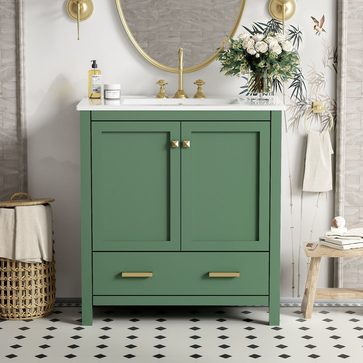 Green solid wood bathroom vanity with undermount sink and gold hardware by HouseOfZazla on Tampa Home & Garden Store