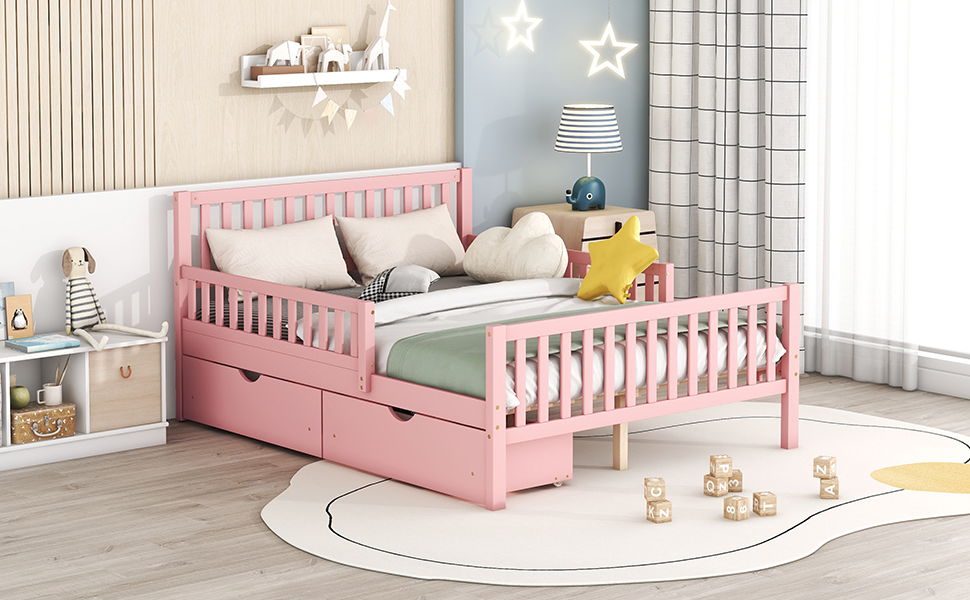 Pink platform bed with guardrails on both sides and two built-in storage drawers on Tampa Home & Garden Store
