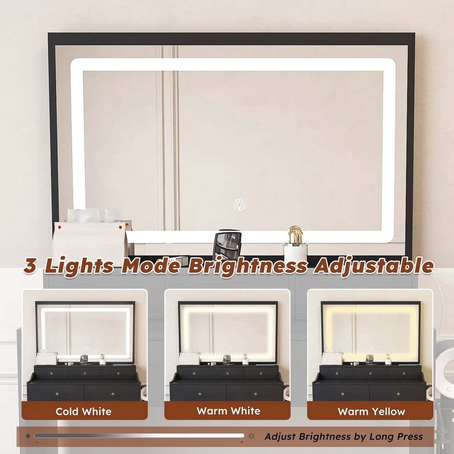 Modern makeup vanity set with LED mirror, power outlet and hair dryer holder; 3 lighting modes on Tampa Home & Garden Store