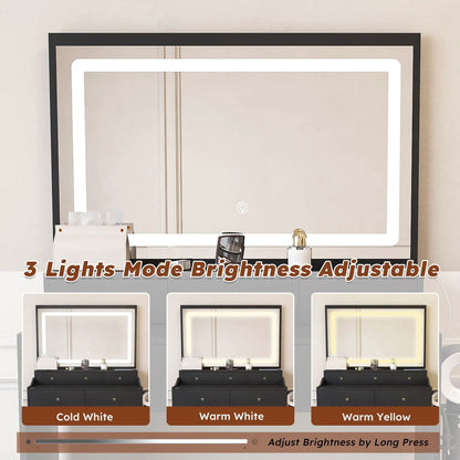Modern makeup vanity set with LED mirror, power outlet and hair dryer holder; 3 lighting modes on Tampa Home & Garden Store